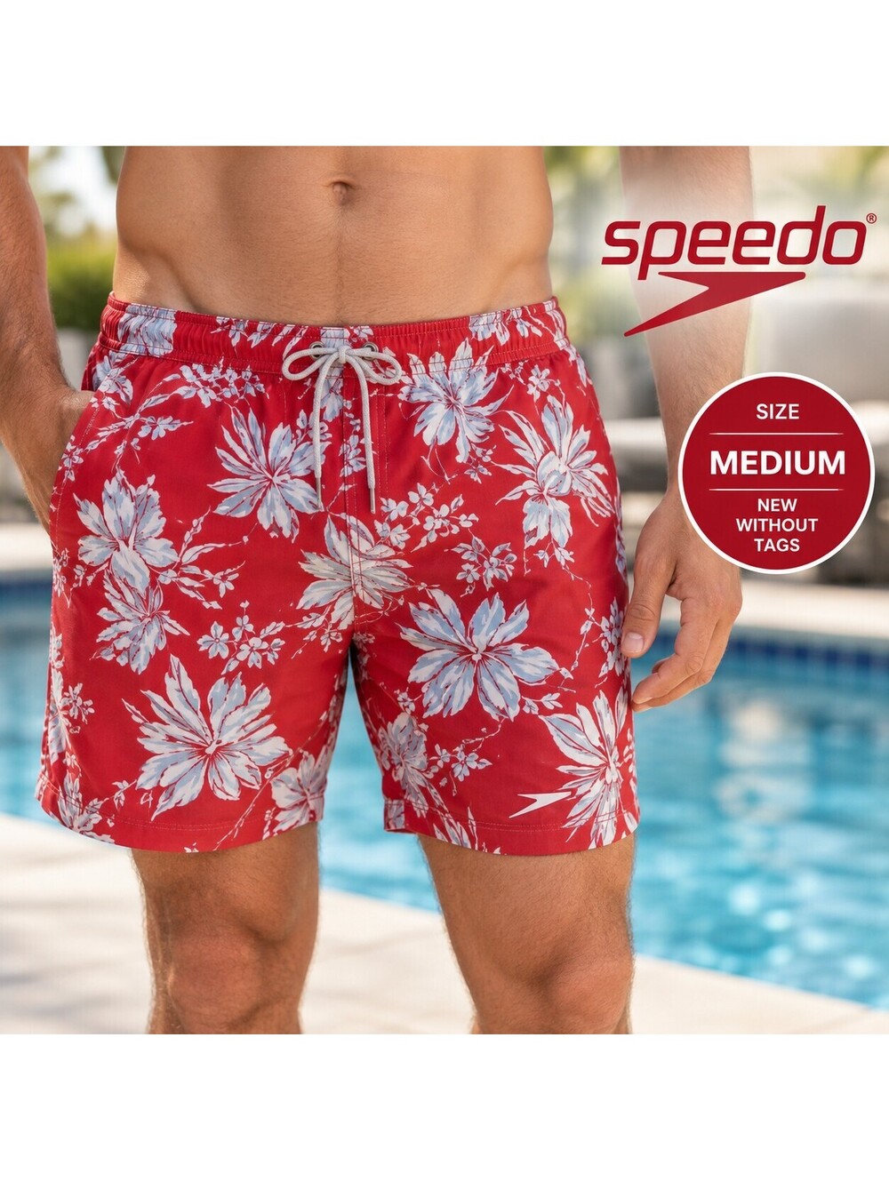 New Without Tags | Speedo | Men's M | Red Floral Swim Trunks